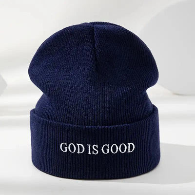 Men's & Women's Black Winter Beanie with 'God is Good' White Cursive Lettering