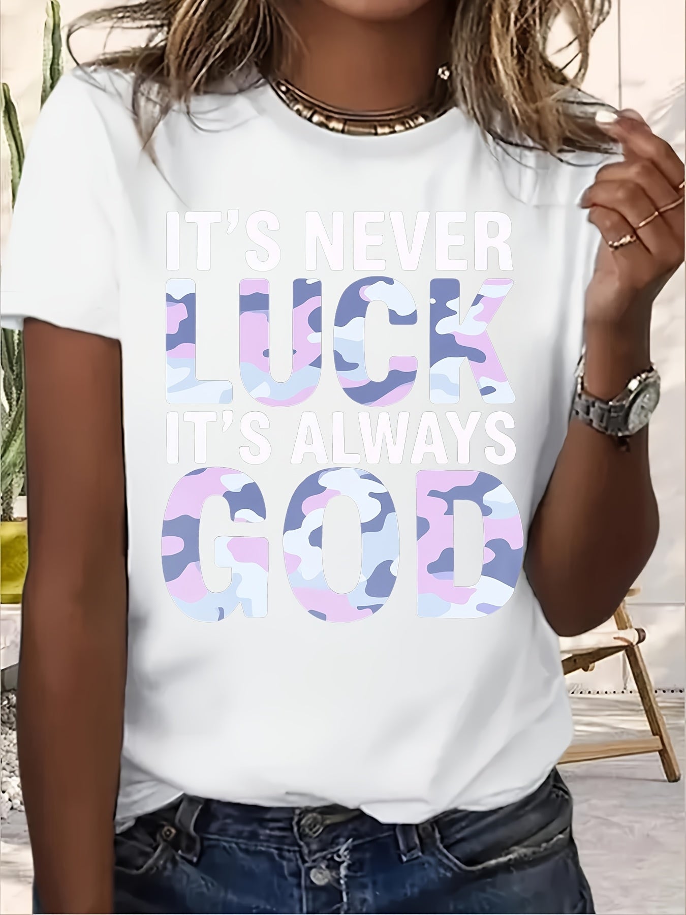 Women'S Casual T-Shirt - "It'S Never Lucky to Be God" Graphic, Comfortable Round Neck - Maximus Echo