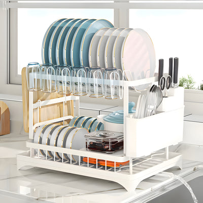 1pc, 2 Tier Cutlery Rack] Rust Resistant Carbon Steel, 2 Tier, 1pc Cutlery Rack | Kitchen Countertop Drain Cutlery Rack With Drain Board | Large, Height 11.81 Inches, Length*W/16.54 Inches*11.81 Inches, Black/White - Maximus Echo