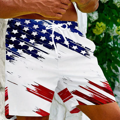 2025 Men's Casual American Flag 3D Print Shorts - Patriotic Red White Blue Star Design, Breathable Fabric, Regular Fit, Machine Washable for Sports & Outdoor Activities, Comfortable Fit - Maximus Echo