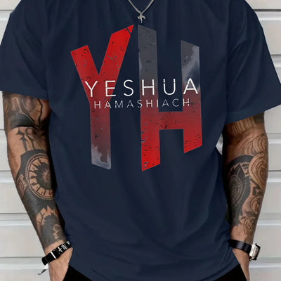 2025 Men's Casual Cotton T-Shirt with Yeshua Hamashiah Graphic Print -  Short Sleeve Round Neck, Fit for All-Season Comfort, Machine Washable - Maximus Echo
