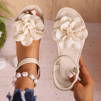 Women's Summer Elegant Flat Sandals with Large Blue Floral Design, Adjustable Ankle Strap - Open-Toe Breathable Faux Cover for Casual & Dressy Occasions, Dressy Sandals - Maximus Echo
