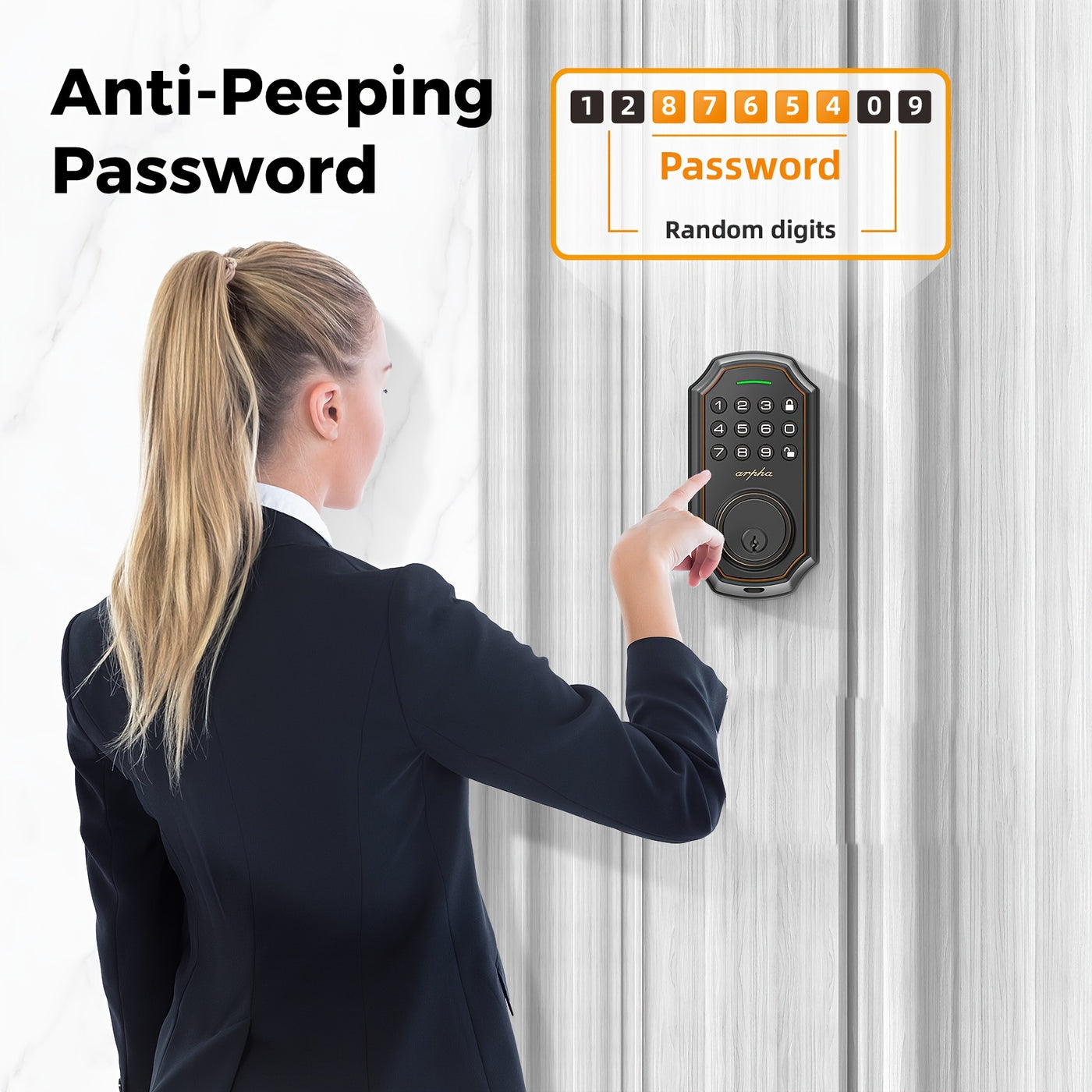 Arpha Smart Keyless Entry Door Lock - 100 Code Anti-Peek Combination, Auto Lock/Unlock, Easy Installation, Black & Orange, Low Battery Alarm, for Secure Home Access - Maximus Echo