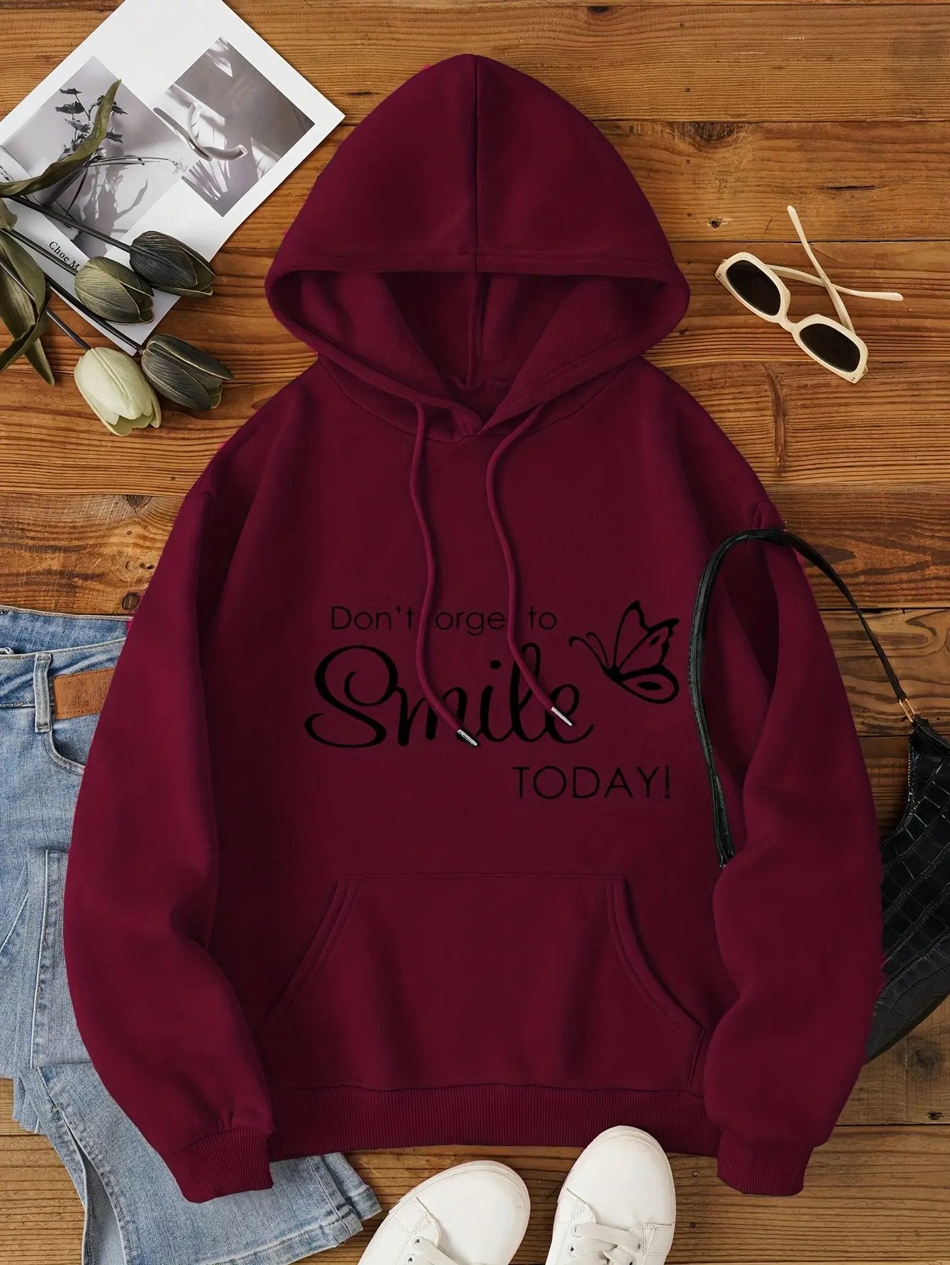 Women's Burgundy Hooded Sweatshirt - Maroon Winter Warm Pullover Hoodie Maximus Echo