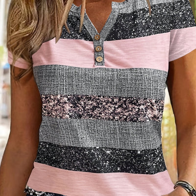 Stylish Summer Women's Striped V-Neck T-Shirt with Button Detail - Lightweight Polyester Blend, Machine Washable - Maximus Echo