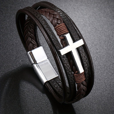 1pc PU Leather Fashion Magnetic Buckle Cross Simple Men's Versatile Woven Bracelet, Father's Day Gift - Maximus Echo