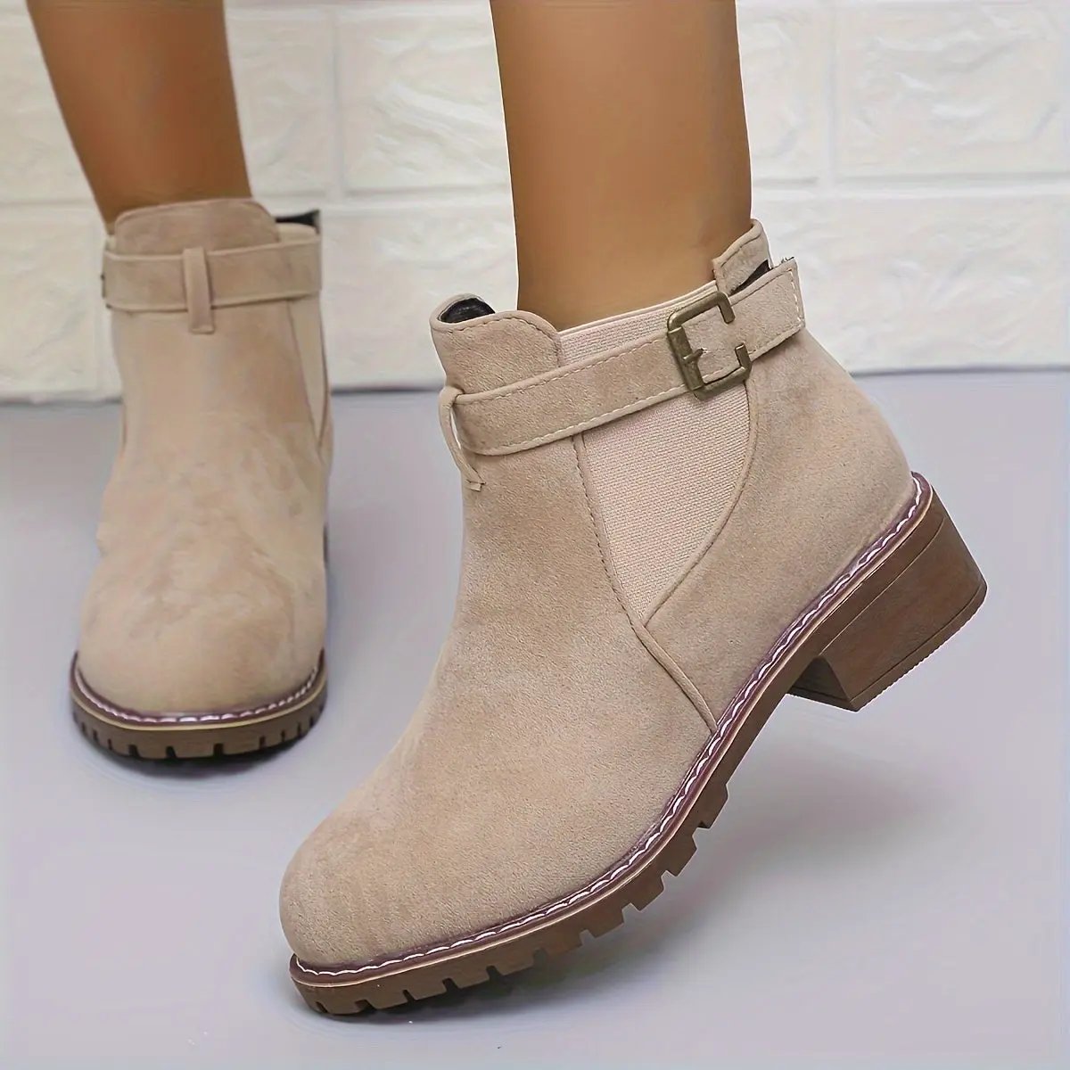 Women's Slip-On Low Heel Ankle Boots - Sporty Chic Round Toe with Decorative Buckle