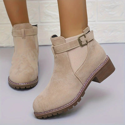 Women's Slip-On Low Heel Ankle Boots - Sporty Chic Round Toe with Decorative Buckle