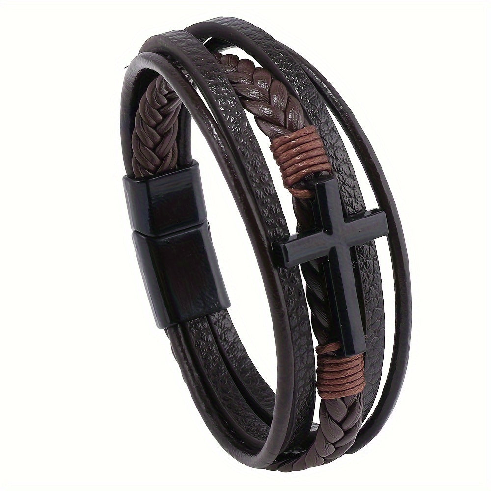 1pc PU Leather Fashion Magnetic Buckle Cross Simple Men's Versatile Woven Bracelet, Father's Day Gift - Maximus Echo