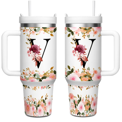 1pc 40oz "A-Z Floral Letters" Stainless Steel Travel Cup, Keeps Hot 12h Cold 24h. Coffee Cup - Maximus Echo
