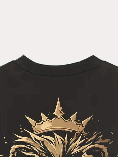 Golden Lion Crew Neck T-Shirt - Kingly Lion Crown Sword, Short Sleeve, Casual Maximus Echo