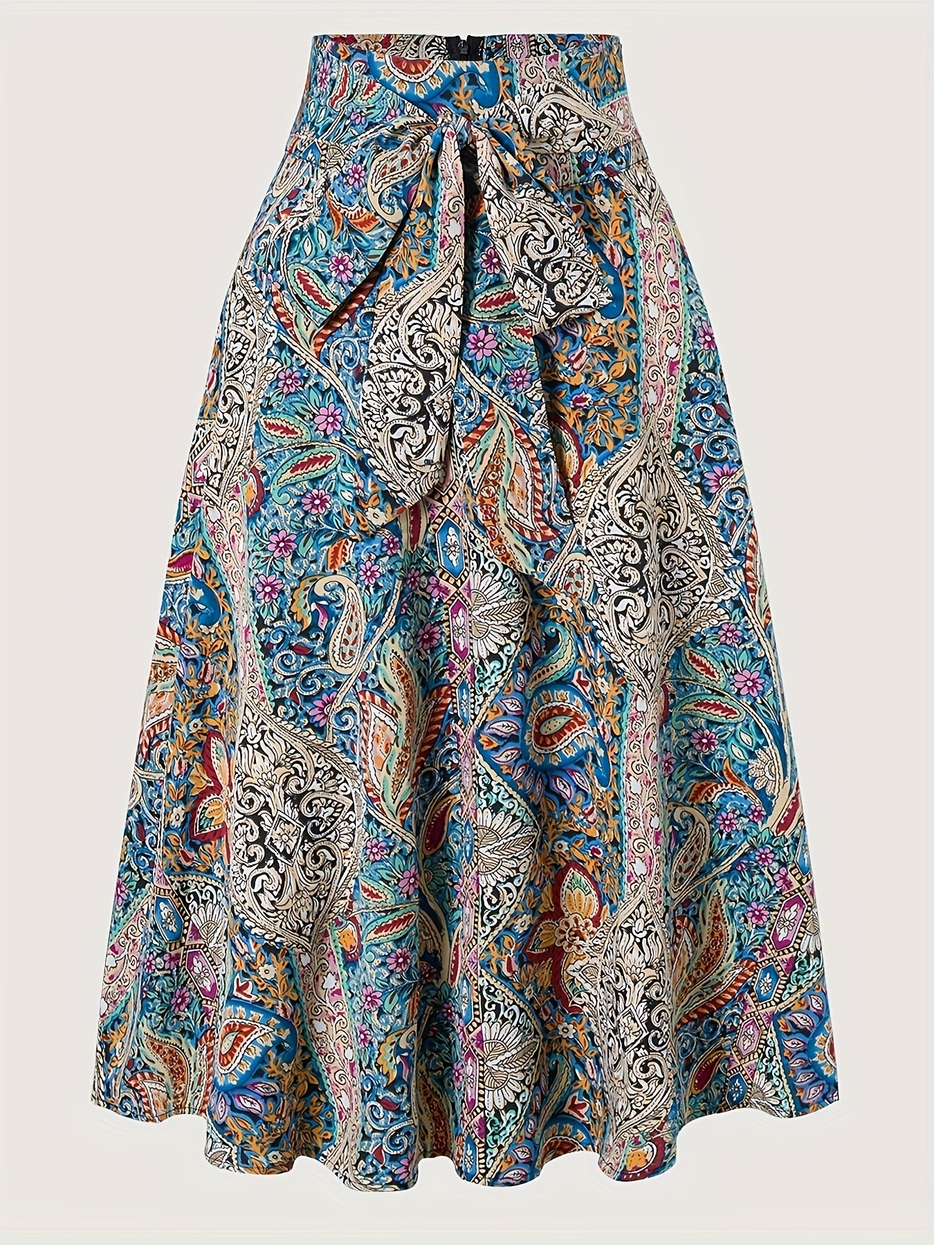 Women's Bohemian Floral Print A-Line Midi Skirt - Vibrant Paisley & Blossom Design, High-Waisted Casual Spring/Summer Skirt, Polyester, Machine Washable, High Waisted Skirt - Maximus Echo