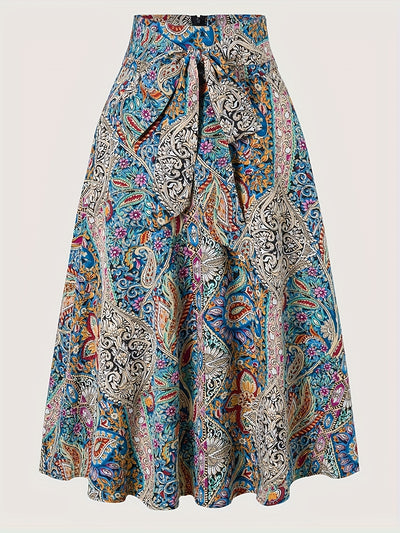 Women's Bohemian Floral Print A-Line Midi Skirt - Vibrant Paisley & Blossom Design, High-Waisted Casual Spring/Summer Skirt, Polyester, Machine Washable, High Waisted Skirt - Maximus Echo