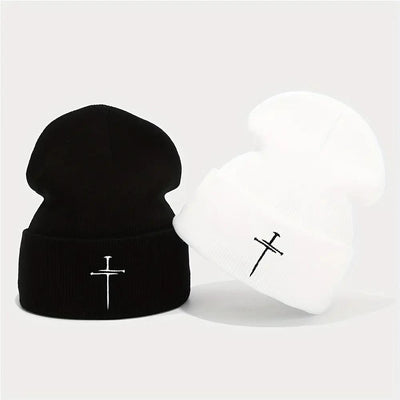 Unisex White & Blue/ Grey Knit Beanie Hats with Cross- Winter