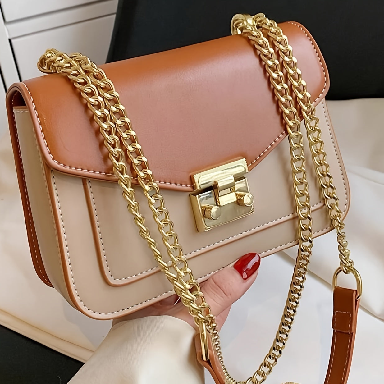 Elegant Beige & Brown Mini Turnlock Square Shoulder Bag with Golden Chain Strap | Office Bag, Chain Strap Bag, Turnlock Closure, Ideal for Work, Office - Maximus Echo