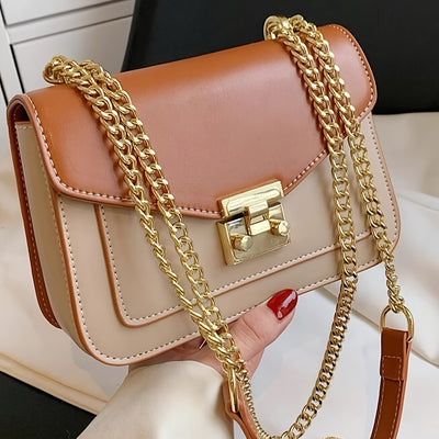 Elegant Beige & Brown Mini Turnlock Square Shoulder Bag with Golden Chain Strap | Office Bag, Chain Strap Bag, Turnlock Closure, Ideal for Work, Office - Maximus Echo