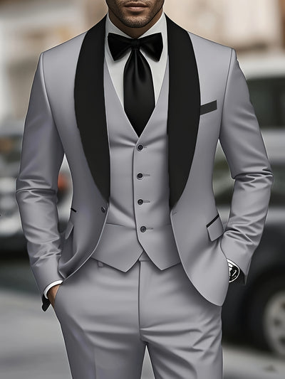 Men's 3pcs suit, plain color green fruit collar suit with jacket and formal trousers, suitable for business gatherings, graduation ceremonies, weddings and parties - Maximus Echo