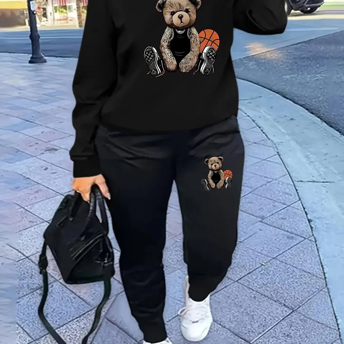 Women'S Casual Sports Fashion Bear Basketball Pattern Crew Neck Sweatshirt Set with Knit Fabric, 100% Polyester Material, Fall/Winter Season