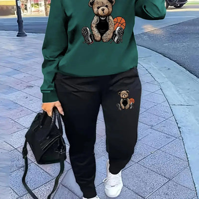 Women'S Casual Sports Fashion Bear Basketball Pattern Crew Neck Sweatshirt Set with Knit Fabric, 100% Polyester Material, Fall/Winter Season