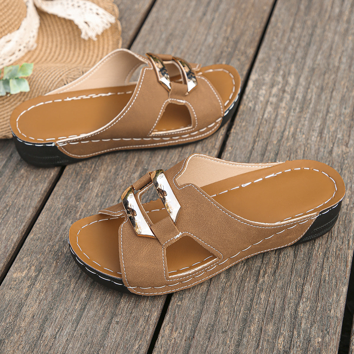 Women's Slip-On Thick Sole Adjustable Metallic Buckle Straps, Breathable Open-Toe Dressy Shoes, High Quality Footwear - Maximus Echo
