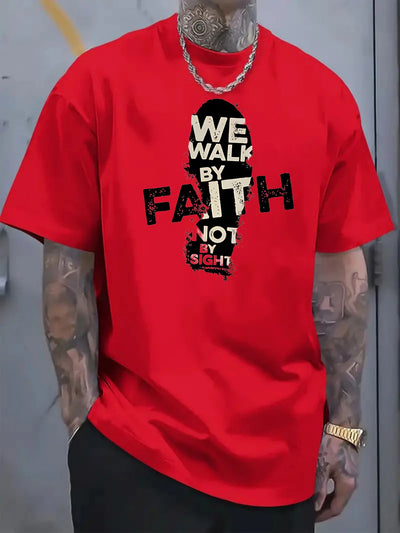 Men's 180g Cotton T-Shirt with "We Walk by Faith Not by Sight"- Casual Round Neck Short Sleeve Tee, Machine Washable, Durable Fabric Shirt - Maximus Echo