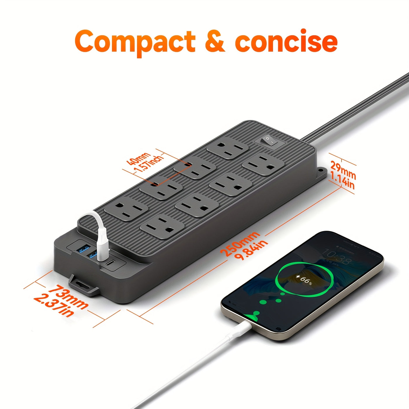 Protector Outlet Extender Power Strip with 5ft/10ft Thin Flat Extension Cord, 8 Widely Distributed AC Outlets, 4 USB Charging Ports (2 USB A & 2 USB C), Desk Charging Station, Compact Power Strip Outlet Extend - Maximus Echo