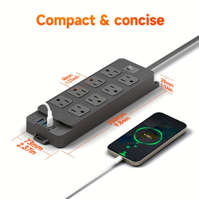 Protector Outlet Extender Power Strip with 5ft/10ft Thin Flat Extension Cord, 8 Widely Distributed AC Outlets, 4 USB Charging Ports (2 USB A & 2 USB C), Desk Charging Station, Compact Power Strip Outlet Extend - Maximus Echo