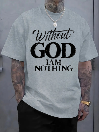 Men's 180g Heavyweight Cotton T-Shirt with "Without GOD I AM NOTHING" Inspirational Print - Navy Blue Casual Round Neck Short Sleeve Tee, Machine Washable - Maximus Echo