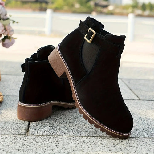 Women's Slip-On Low Heel Ankle Boots - Sporty Chic Round Toe with Decorative Buckle