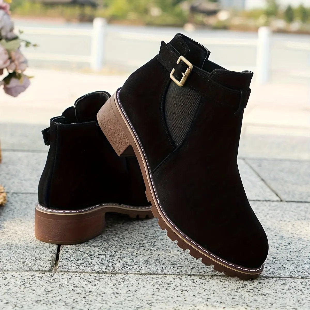 Women's Slip-On Low Heel Ankle Boots - Sporty Chic Round Toe with Decorative Buckle