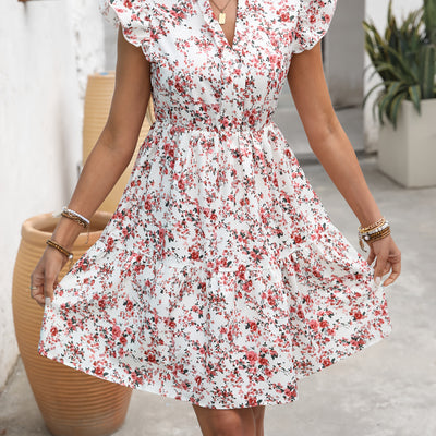 100% Polyester Floral Print Mini Dress - Vacation Style with Flutter Sleeves for Women's Summer - Maximus Echo