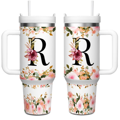 1pc 40oz "A-Z Floral Letters" Stainless Steel Travel Cup, Keeps Hot 12h Cold 24h. Coffee Cup - Maximus Echo