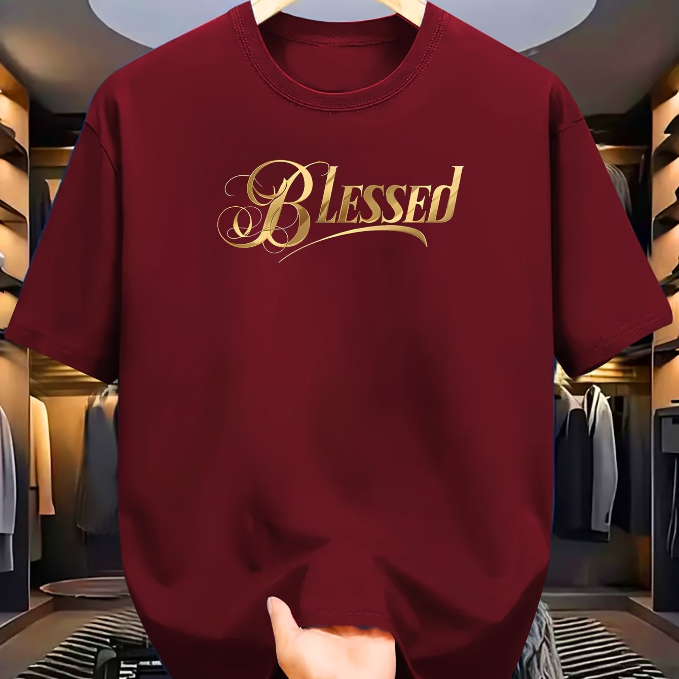 Men's "Blessed" Golden Letter Print Maroon Casual Short Sleeve T-Shirt - Summer Outdoor Gym Training Tee Maximus Echo