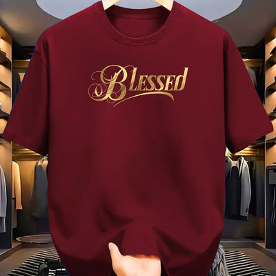 Men's "Blessed" Golden Letter Print Maroon Casual Short Sleeve T-Shirt - Summer Outdoor Gym Training Tee Maximus Echo