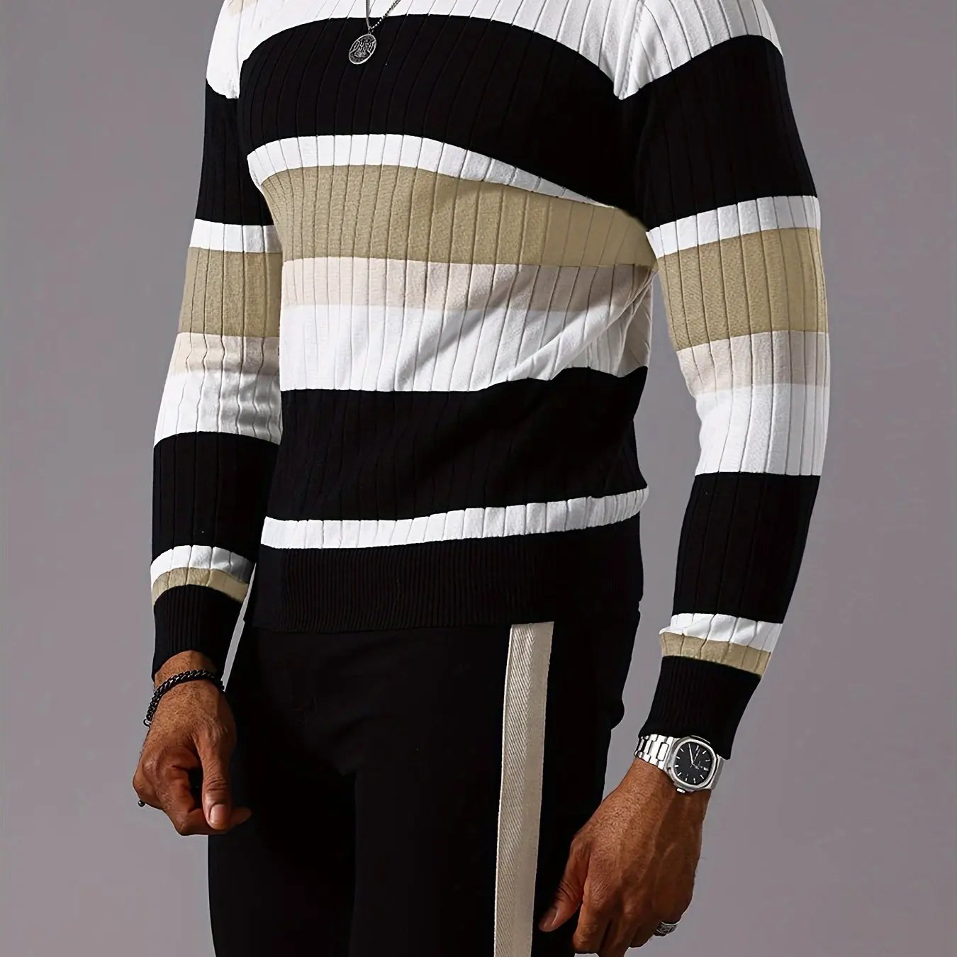 Men's Striped Color-Block Ribbed Knit Sweater - Long Sleeve Round Neck Pullover with Elastic