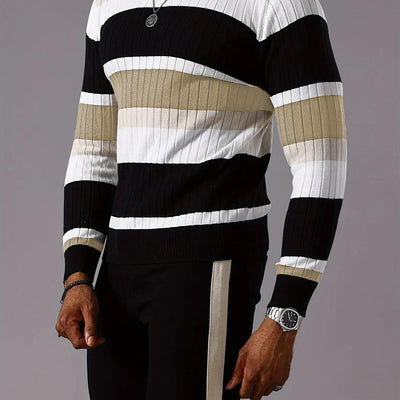 Men's Striped Color-Block Ribbed Knit Sweater - Long Sleeve Round Neck Pullover with Elastic