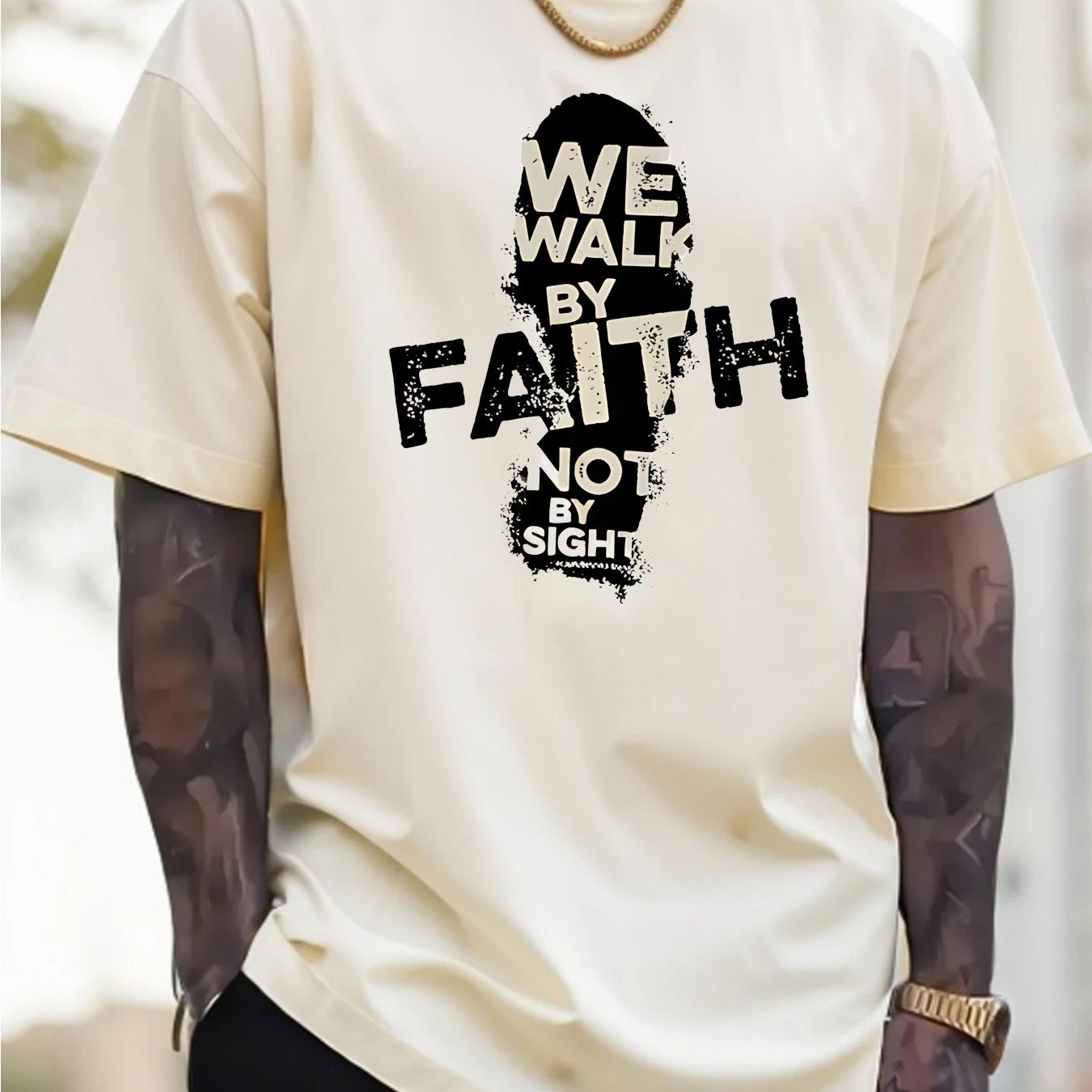 Men's 180g Cotton T-Shirt with "We Walk by Faith Not by Sight"- Casual Round Neck Short Sleeve Tee, Machine Washable, Durable Fabric Shirt - Maximus Echo