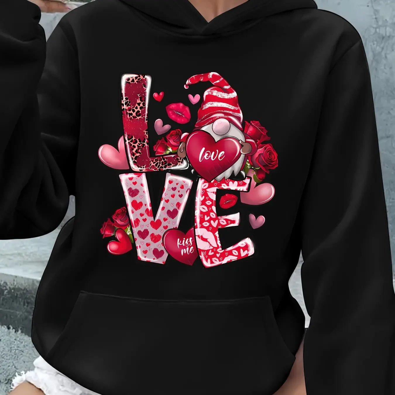Women's Red Rose & Heart Print Hoodie with LOVE Lettering & Pink Bow Maximus Echo