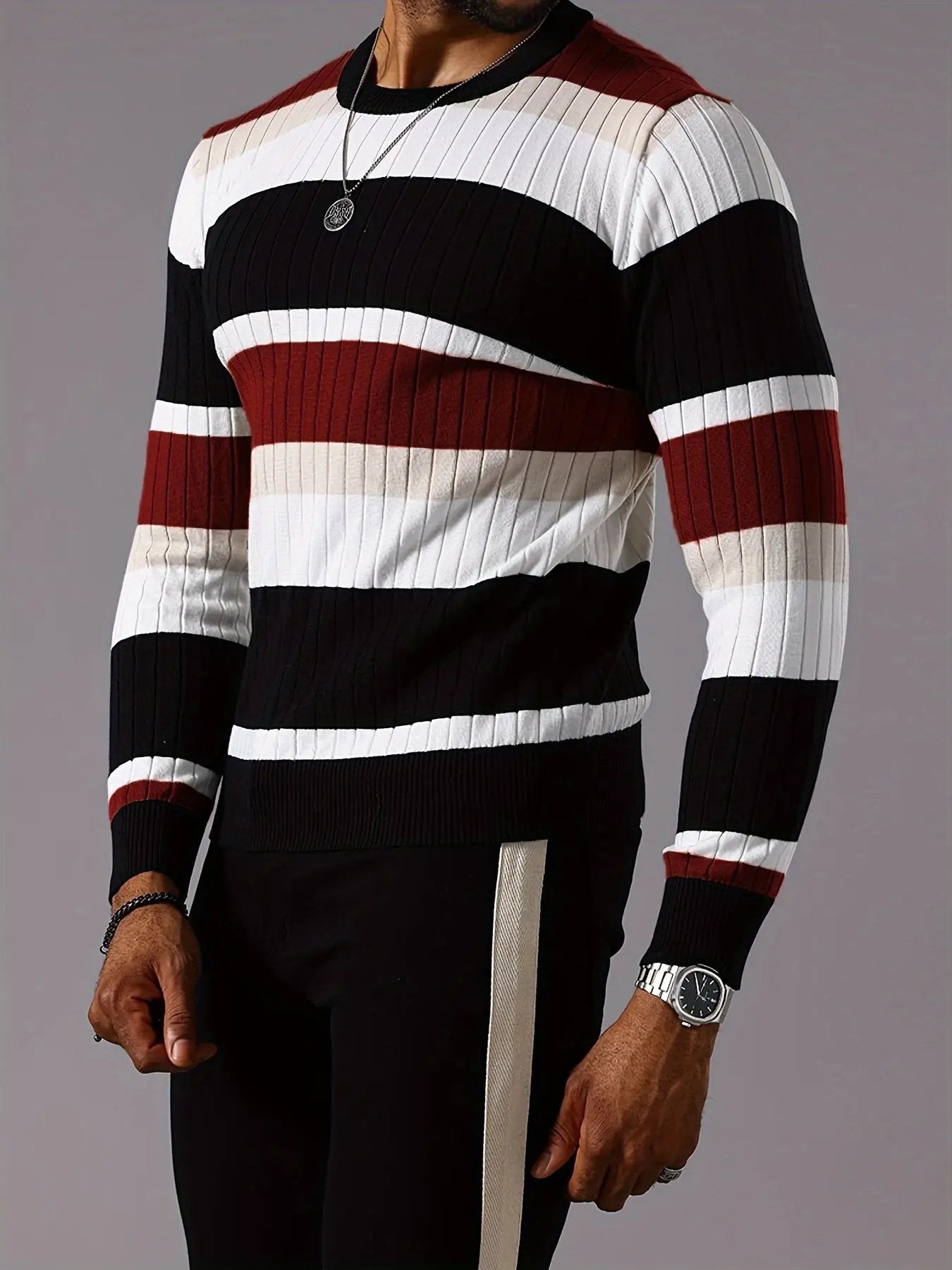 Men's Striped Color-Block Ribbed Knit Sweater - Long Sleeve Round Neck Pullover with Elastic