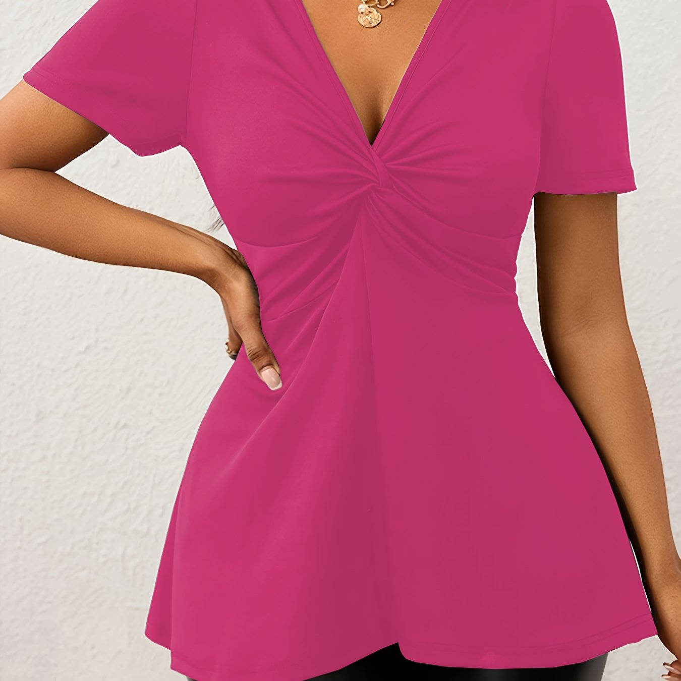 Women'S Elegant Solid Color V-Neck Twist-Front Loose Hem Stretchy Comfortable Basic T-Shirt Top - Maximus Echo