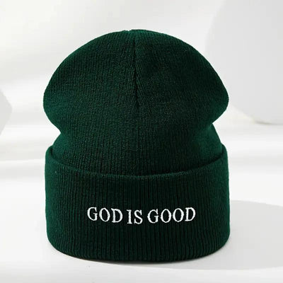 Men's & Women's Black Winter Beanie with 'God is Good' White Cursive Lettering
