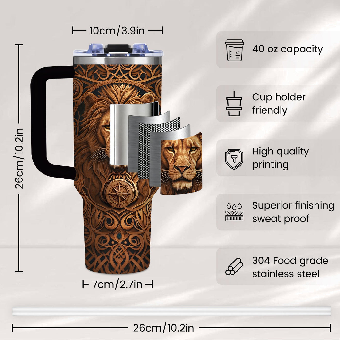 1-Pack Men's Lion Design Insulated Bottle Cup - Brown Lion Head, Leakproof Coffee Cup , Heavy-Duty 304 Stainless Steel Travel Mug (40oz) Maximus Echo