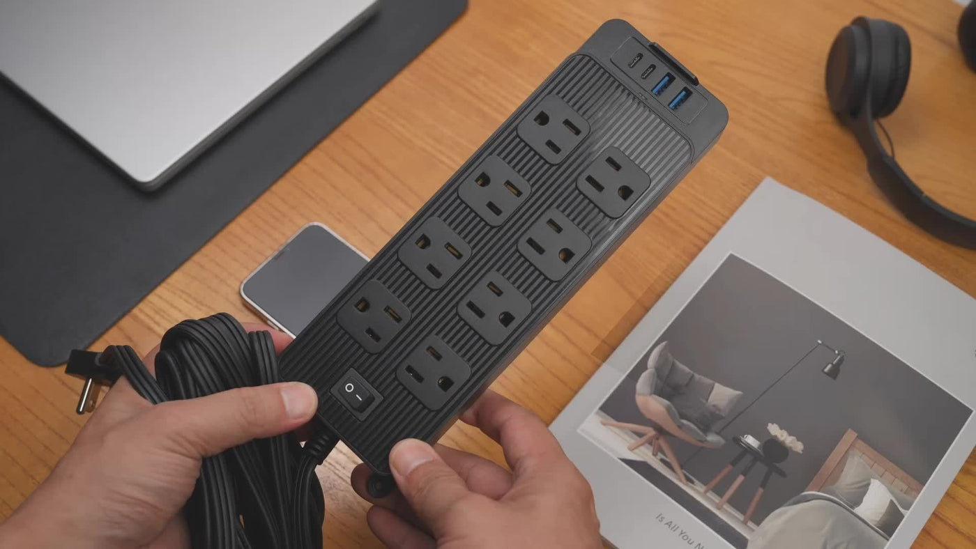 Protector Outlet Extender Power Strip with 5ft/10ft Thin Flat Extension Cord, 8 Widely Distributed AC Outlets, 4 USB Charging Ports (2 USB A & 2 USB C), Desk Charging Station, Compact Power Strip Outlet Extend - Maximus Echo