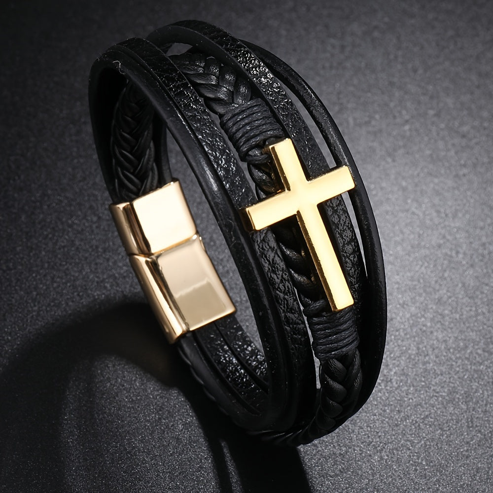 1pc PU Leather Fashion Magnetic Buckle Cross Simple Men's Versatile Woven Bracelet, Father's Day Gift - Maximus Echo