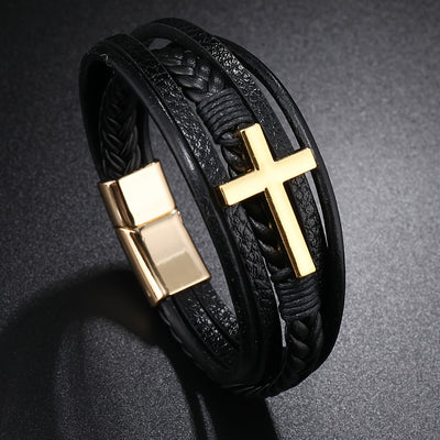 1pc PU Leather Fashion Magnetic Buckle Cross Simple Men's Versatile Woven Bracelet, Father's Day Gift - Maximus Echo