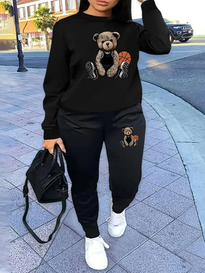 Women'S Casual Sports Fashion Bear Basketball Pattern Crew Neck Sweatshirt Set with Knit Fabric, 100% Polyester Material, Fall/Winter Season