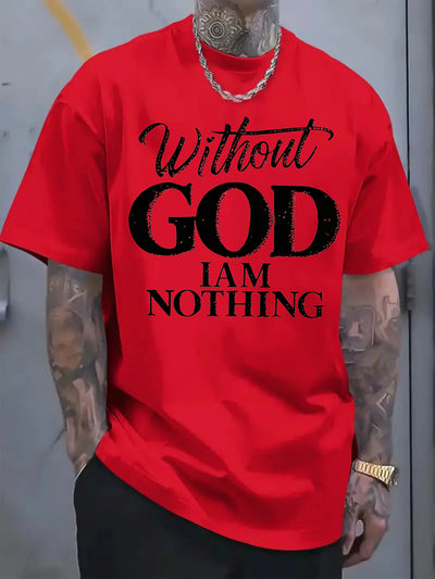 Men's 180g Heavyweight Cotton T-Shirt with "Without GOD I AM NOTHING" Inspirational Print - Navy Blue Casual Round Neck Short Sleeve Tee, Machine Washable - Maximus Echo
