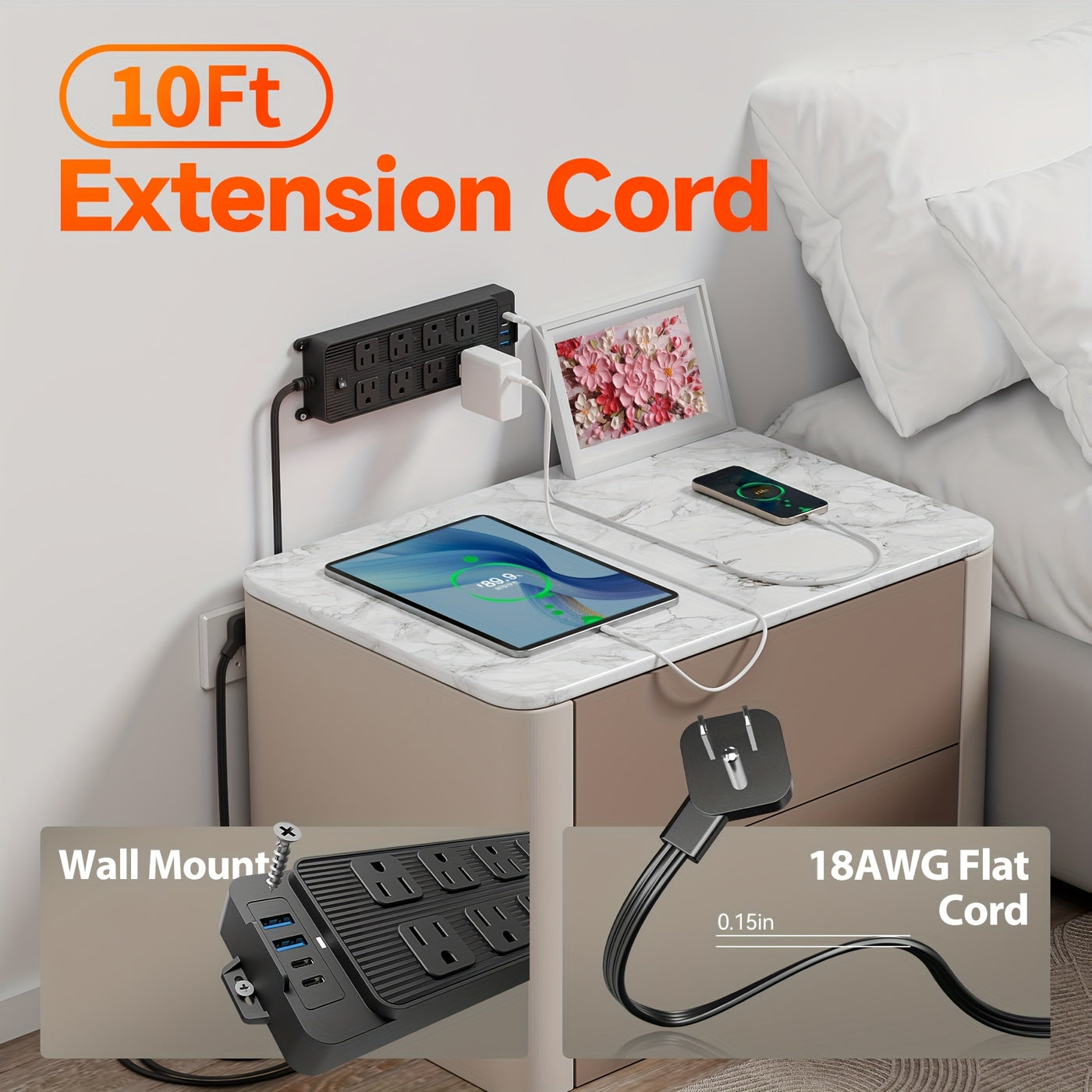 Protector Outlet Extender Power Strip with 5ft/10ft Thin Flat Extension Cord, 8 Widely Distributed AC Outlets, 4 USB Charging Ports (2 USB A & 2 USB C), Desk Charging Station, Compact Power Strip Outlet Extend - Maximus Echo