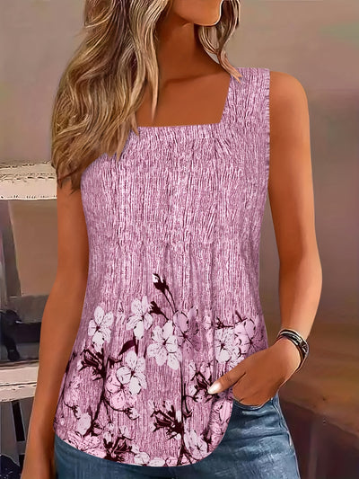 Women's Summer Square Neck Sleeveless Tank Top - Floral Print Ruching Detail, Stretchy Polyester-Spandex Blend, Machine Washable - Maximus Echo