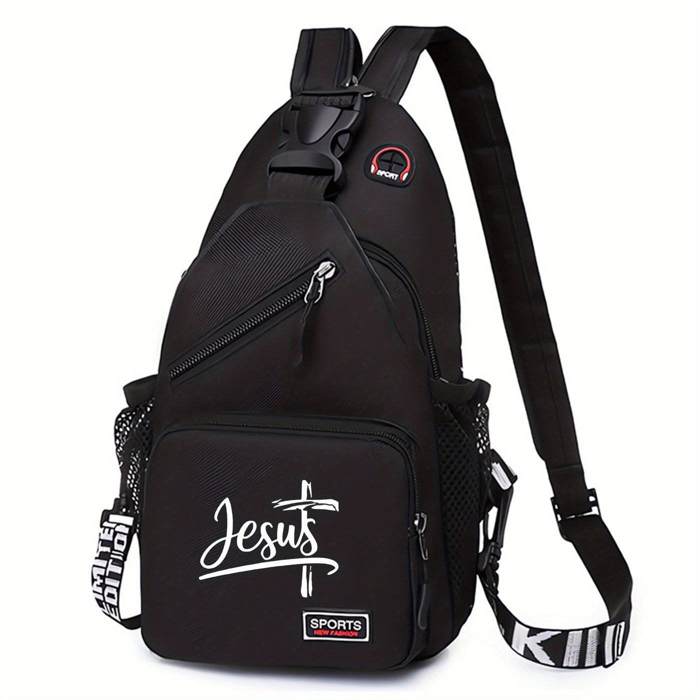 1pc Jesus Printed Crossbody Bag - Large Capacity, Adjustable Strap, Lightweight & Foldable, Black or, Perfect for Outdoor Travel, Work, and Casual Use, Work Accessory | Foldable Design | Durable Polyester - Maximus Echo